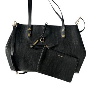 NWOT - Calvin Klein Faux Leather Brown Black Gold Reversible Tote + Pouch
